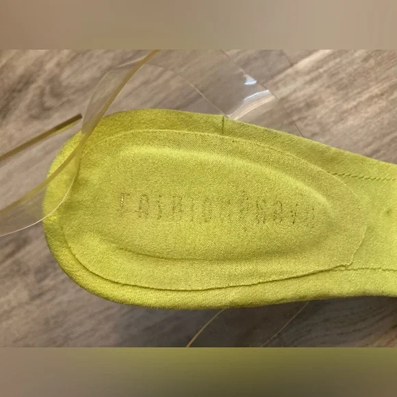 Fashion Nova Neon Yellow Green Heels Silver Studs Clear Adjustable Straps 8.5 - Picture 14 of 15